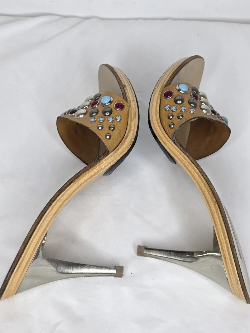 Mario Bologna Size 40 Studded Tan Slide Mules with Multicolor Gem Accents - Picture 12 of 14